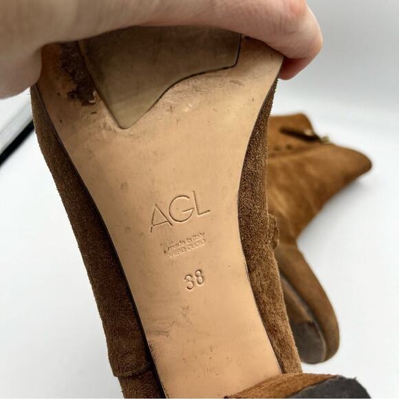 AGL Suede Almond Toe Zip Block Heel Veta Ankle Boot Bootie Tan 38/ 7.5-8 - Picture 7 of 7